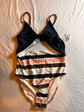 Nordstrom Navy, Pink & White Striped Cutout One-Piece Swimsuit